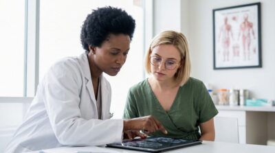 Professionnelle en blouse blanche montre un écran à une collègue en vert dans un cabinet médical