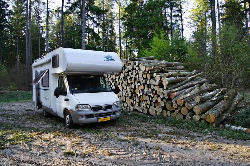 Camion-camper blanc à côté d'un gros tas de bois dans la forêt Camion-camper blanc à côté d'un gros tas de bois dans la forêt