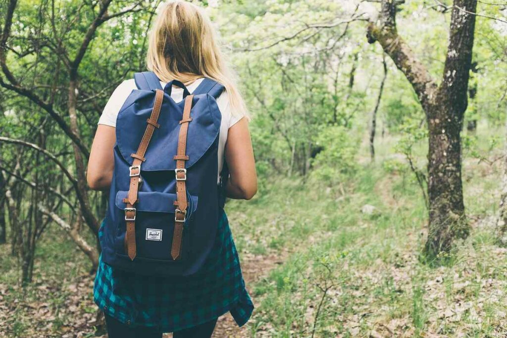 Une femme porte un sac à dos bleu et avance dans une forêt